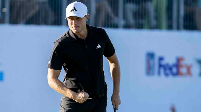 Ludvig Åbergreacts after his putt on the 18th green during the final round of the RSM Classic golf tournament, Sunday, Nov. 19, 2023, in St. Simons Island, Ga.